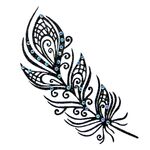 Face and body jewelry featuring a decorative black glitter feather temporary tattoo studded with sparkling crystals.