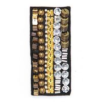 Applique Black Fabric Rectangle w Gold & Silver Beads, Metal & Rhinestones
