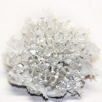 Jeweled Ornament Round w Frayed Fabric, White & Clear Beads
