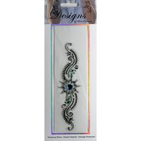 Jeweled Tattoo Long Vine Flourish w Heart | Green Blue & Silver
