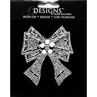 Large Stone Motif Applique Ribbon Bow w Pearls | 3.5in