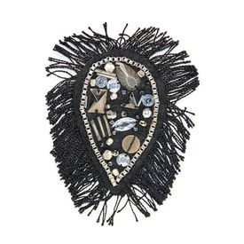 Applique Black Fabric Teardrop w Fringe, Metal & Beads