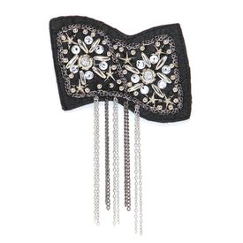 Applique Black Fabric Bow Tie w Beads, Rhinestones & Chains