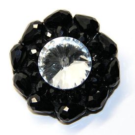 Jeweled Ornament Black Beaded Round w Clear Center Rhinestone