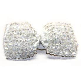 Jeweled Ornament Bow White Grosgrain w Clear Beads