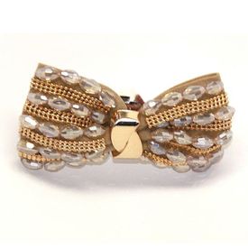 Jeweled Ornament Bow Beige w Gold & Champagne Beads