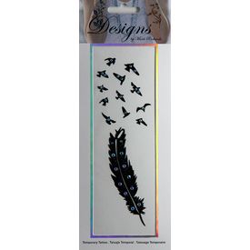 Jeweled Tattoo Long Feather w Flock of Birds | Blue