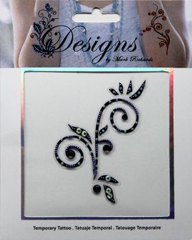 Jeweled Tattoo Simple Flourish w Leaves | Blue Purple & Green