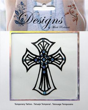Jeweled Tattoo Flared Cross | Black Glitter & Blue