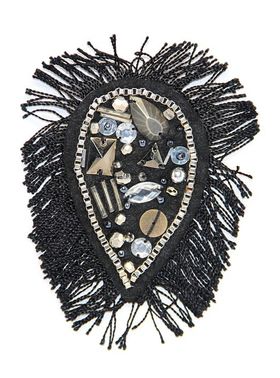 Applique Black Fabric Teardrop w Fringe, Metal & Beads