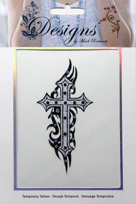 Jeweled Tattoo Flared Cross w Flourishes | Silver Glitter & Blue
