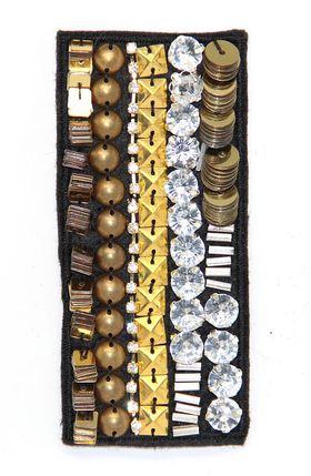 Applique Black Fabric Rectangle w Gold & Silver Beads, Metal & Rhinestones