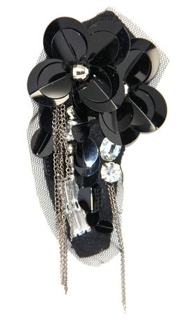 Applique Black Fabric w Acrylic Flowers, Rhinestones, Mesh & Chains
