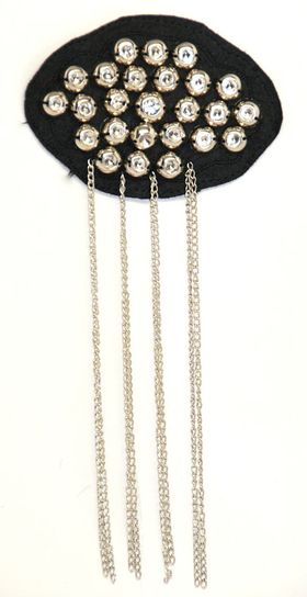 Applique Black Fabric Oval w Metal Beads, Rhinestone & Chains
