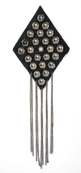 Applique Black Fabric Diamond w Metal Beads, Rhinestone & Chains