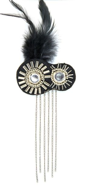 Applique Black Fabric Dbl Round w Metal Shapes, Feathers & Chains
