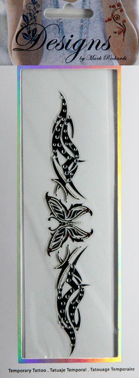 Jeweled Tattoo Long Flourishes w Butterfly | Clear & Silver