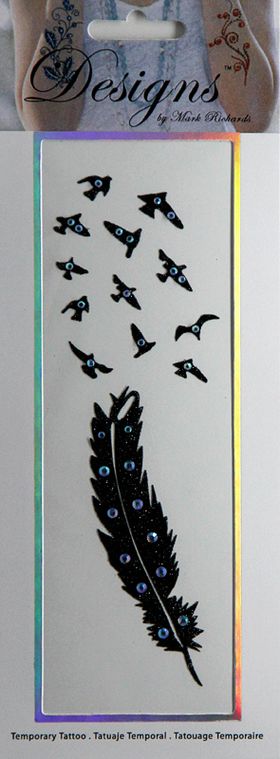 Jeweled Tattoo Long Feather w Flock of Birds | Blue