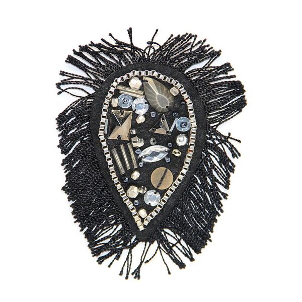 Applique Black Fabric Teardrop w Fringe, Metal & Beads