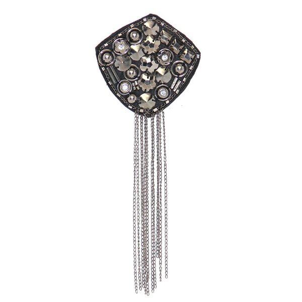 Applique Black Fabric Shield w Metal Shapes, Rhinestones & Chains