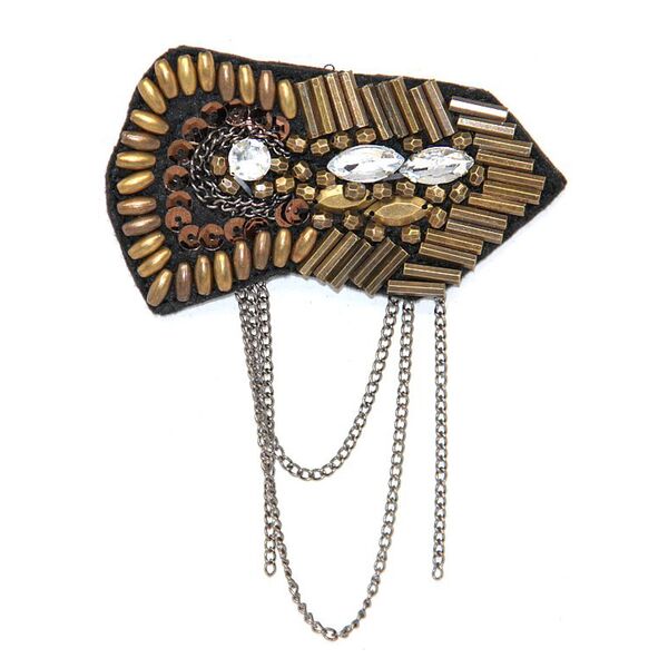 Applique Black Fabric w Gold Metal Shapes, Beads, Rhinestones & Chains