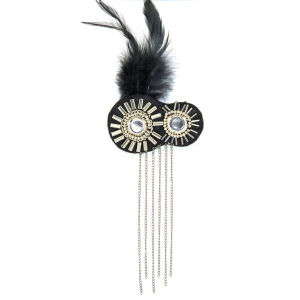 Applique Black Fabric Dbl Round w Metal Shapes, Feathers & Chains