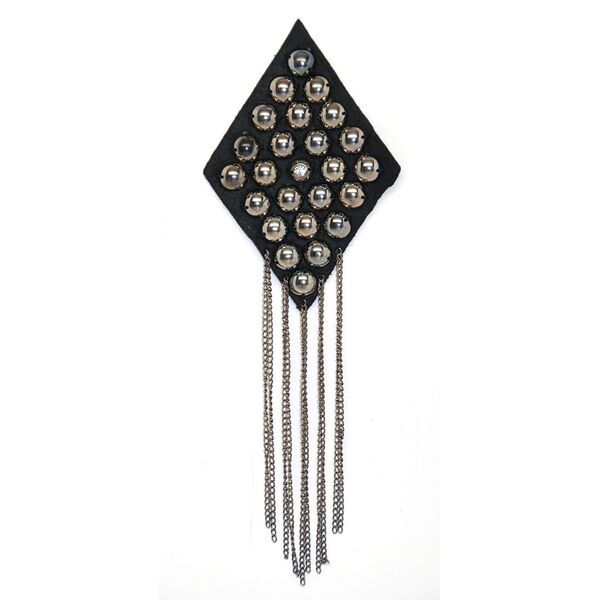 Applique Black Fabric Diamond w Metal Beads, Rhinestone & Chains