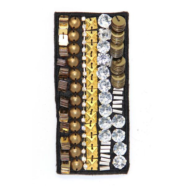 Applique Black Fabric Rectangle w Gold & Silver Beads, Metal & Rhinestones