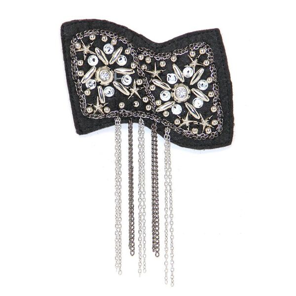 Applique Black Fabric Bow Tie w Beads, Rhinestones & Chains