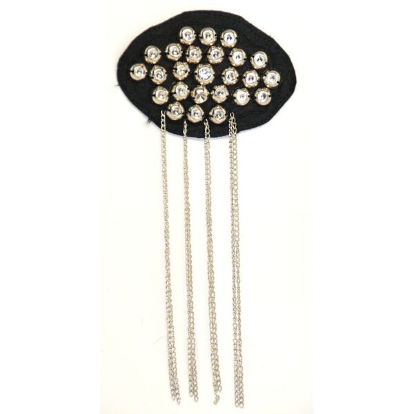 Applique Black Fabric Oval w Metal Beads, Rhinestone & Chains