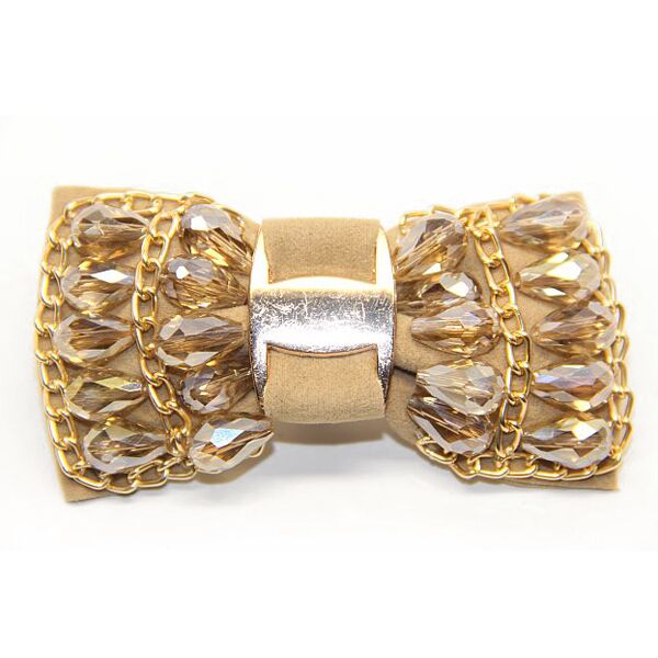 Jeweled Ornament Bow Beige Suede w Beads & Chains