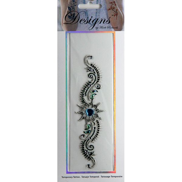 Jeweled Tattoo Long Vine Flourish w Heart | Green Blue & Silver