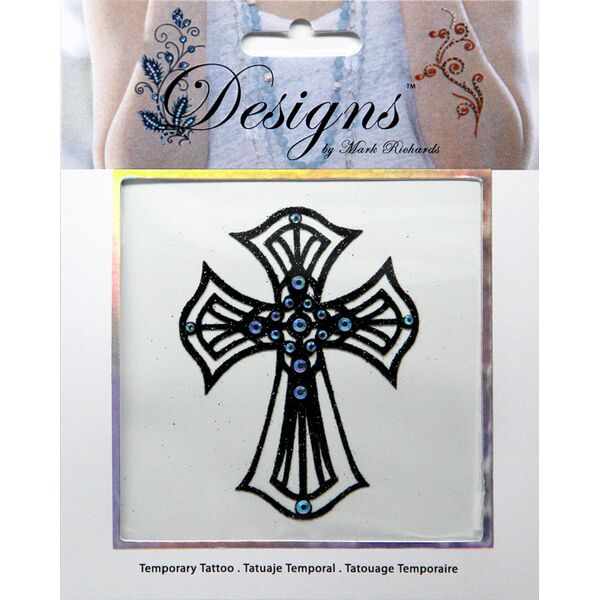 Jeweled Tattoo Flared Cross | Black Glitter & Blue