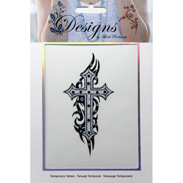 Jeweled Tattoo Flared Cross w Flourishes | Silver Glitter & Blue